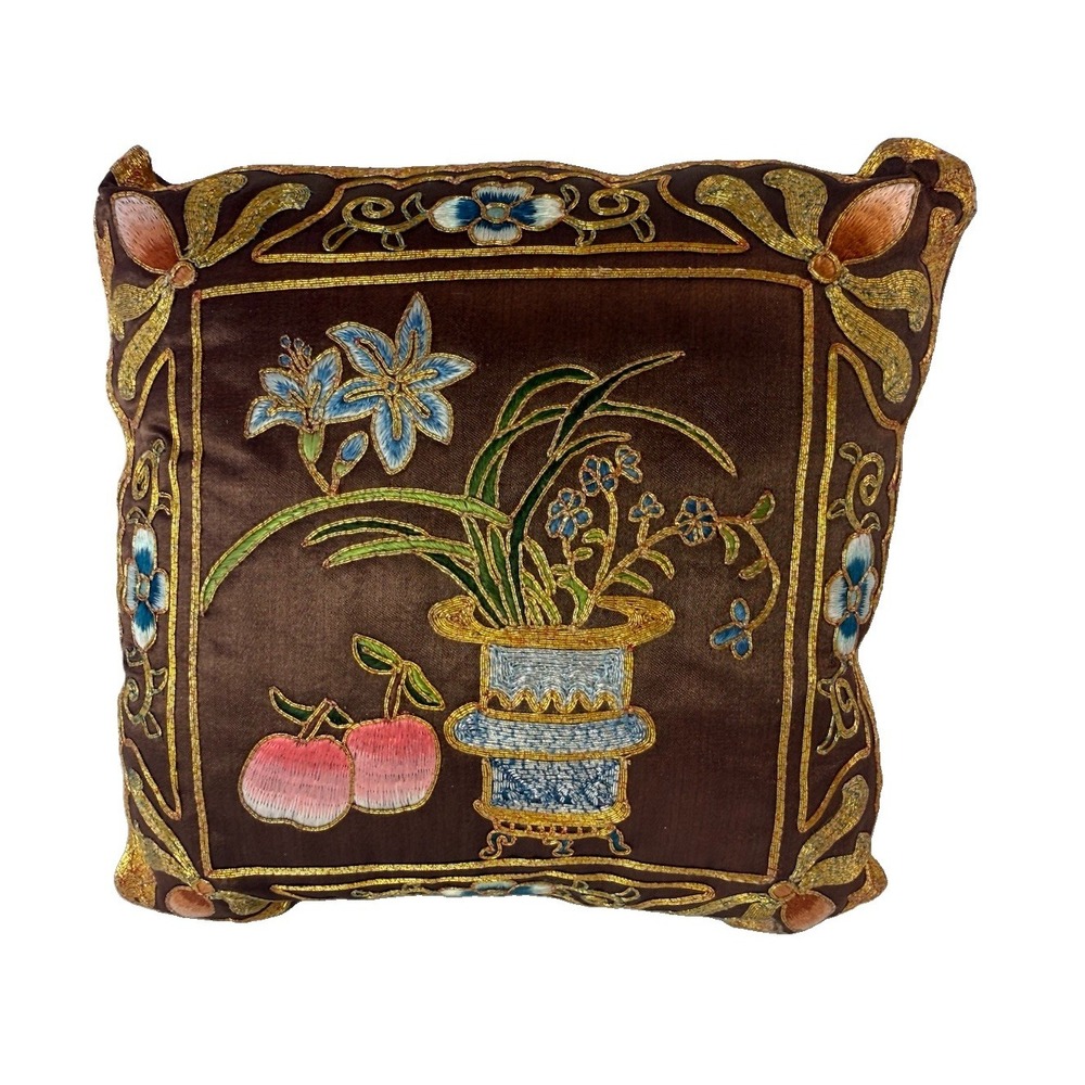 Vintage Silk Chinoiserie Pillow Gold Bullion Metallic Embroidered Flower Vase
